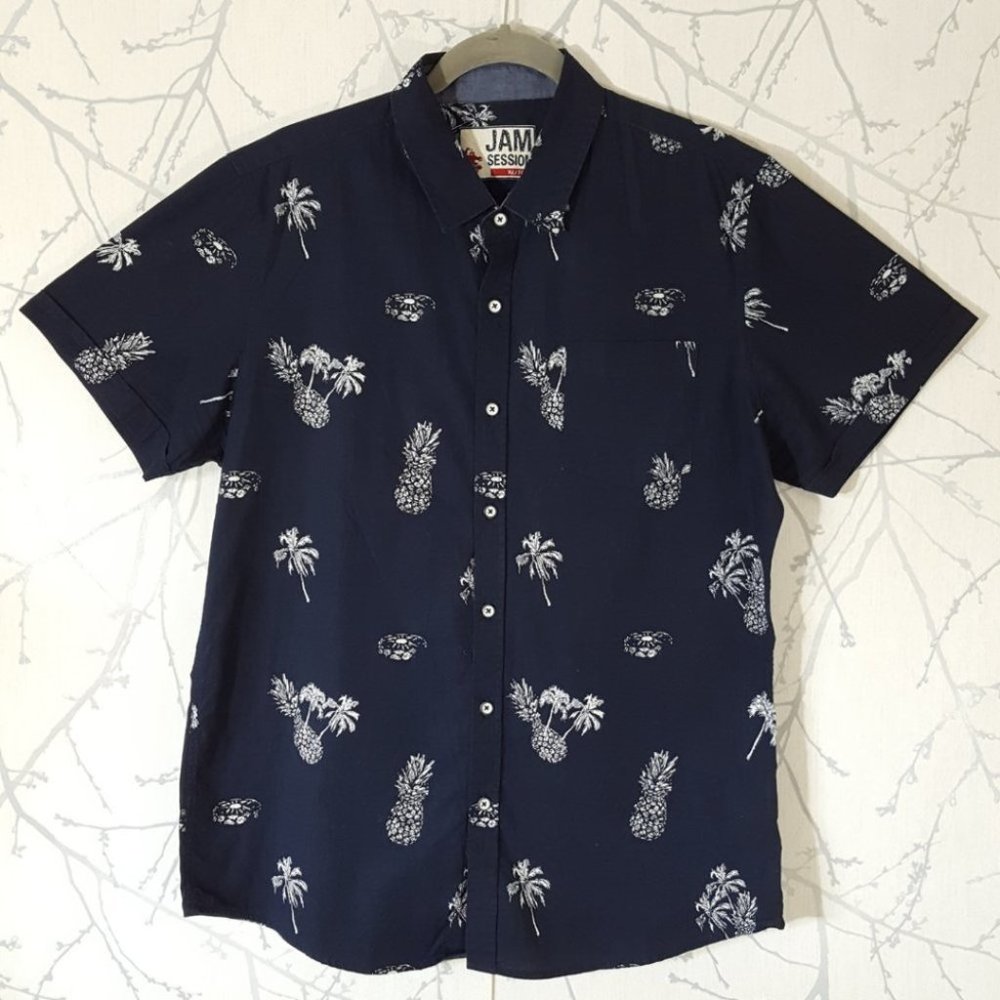 Jam Session Navy Tropical Theme Printed Button Front Shirt | Men's XL